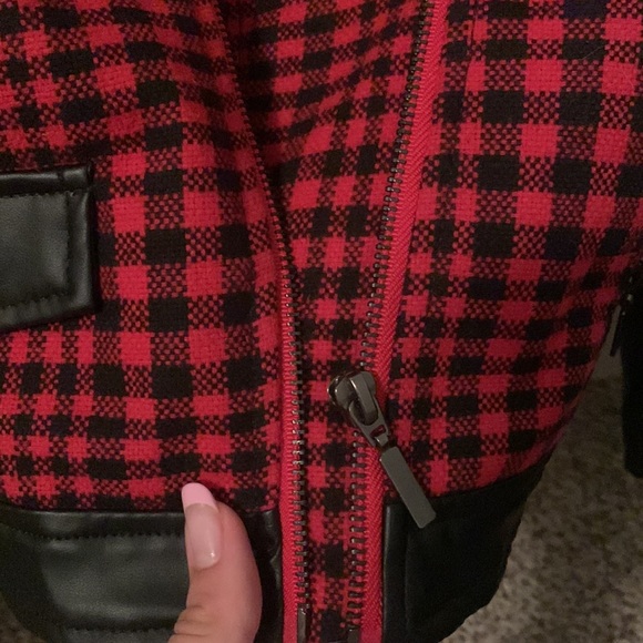 Faux leather jacket with black and red plaid print - Picture 2 of 6